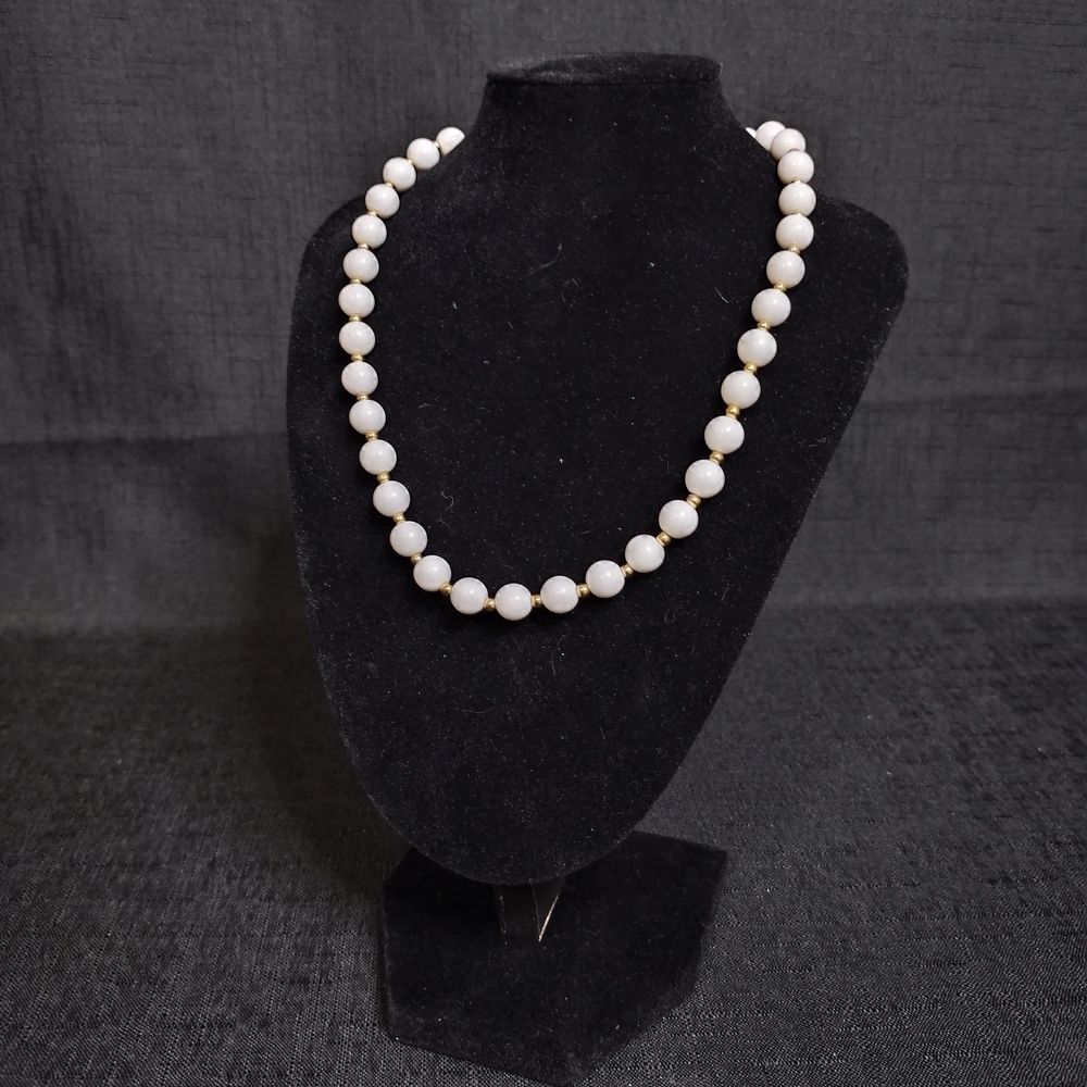 Elegant Monet White Beaded Necklace With Gold Tone Metal Accents